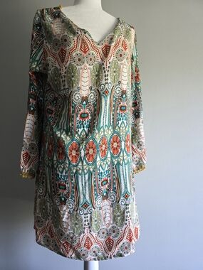 Amy Fashion Boho Paisley Tunic Dress Size Small Pom Pom Trim 3/4 Sleeve